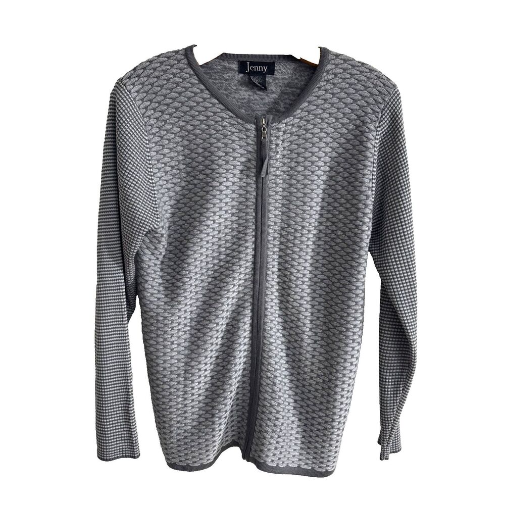 Jenny Zip Knit Sweater Womens Gray - basketweave front pattern - S